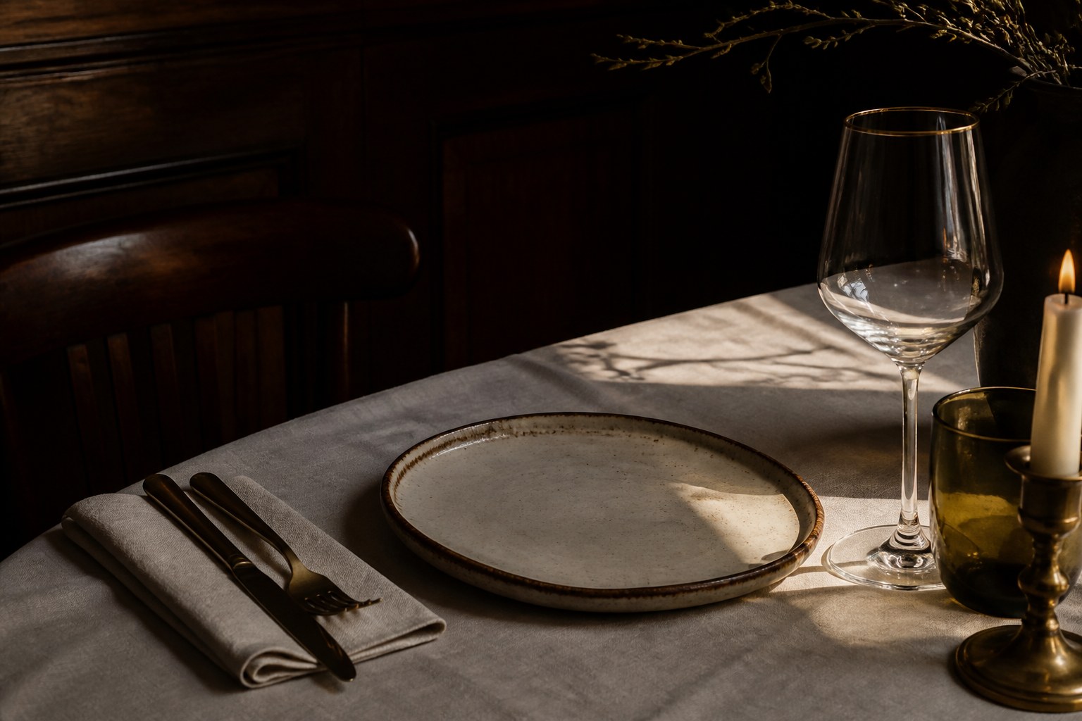 Restaurant interior with warm lighting and set tables.