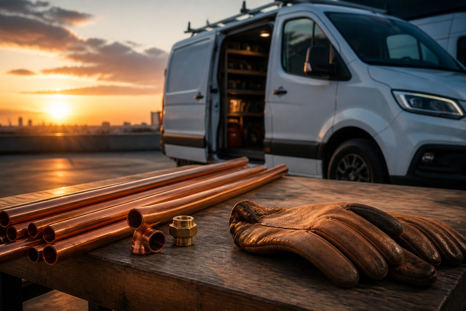 Workshop tools laid out on a wooden bench.