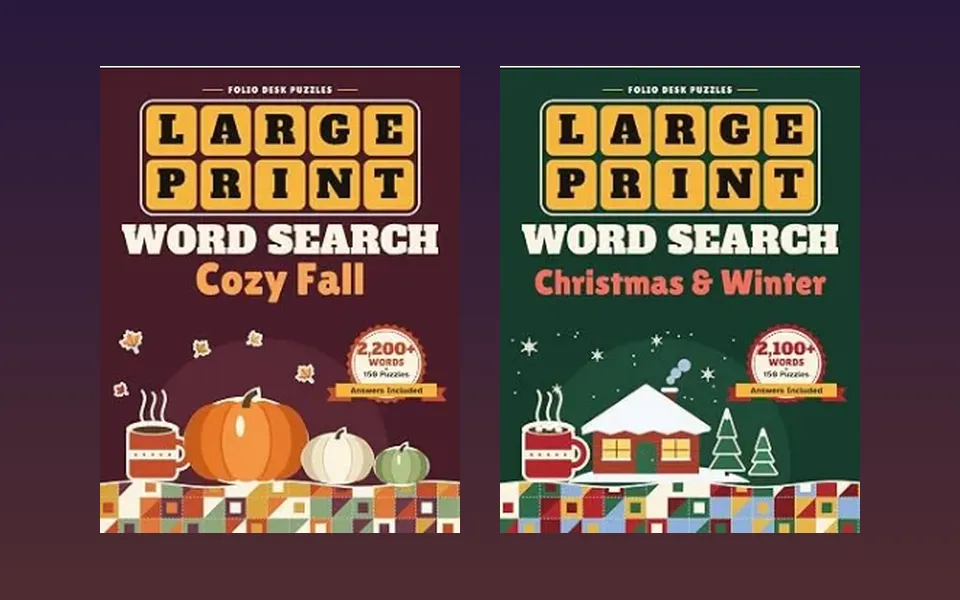 Covers of Large Print Word Search Cozy Fall and Christmas and Winter by Folio Desk Puzzles