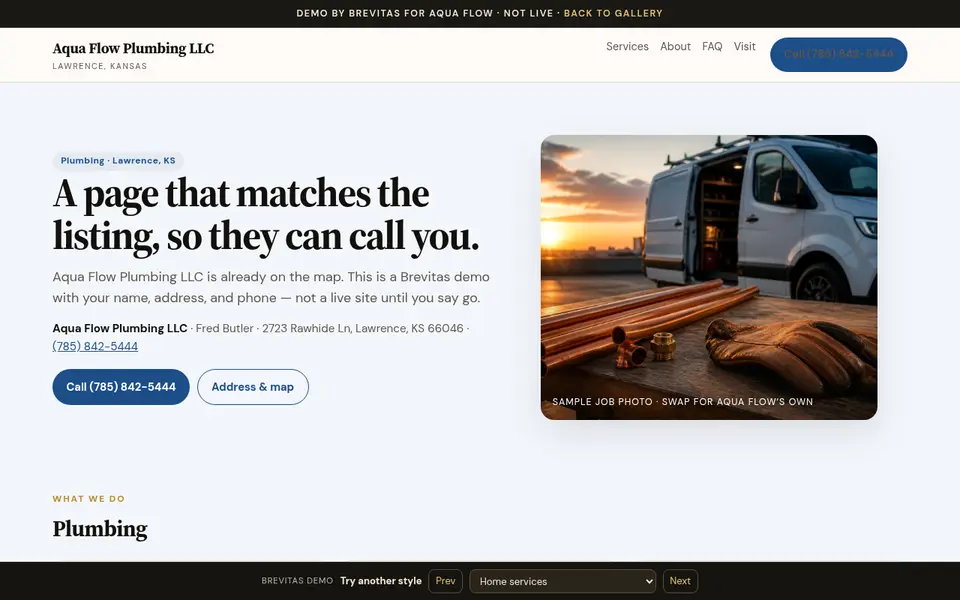 Brevitas demo website for a plumbing business